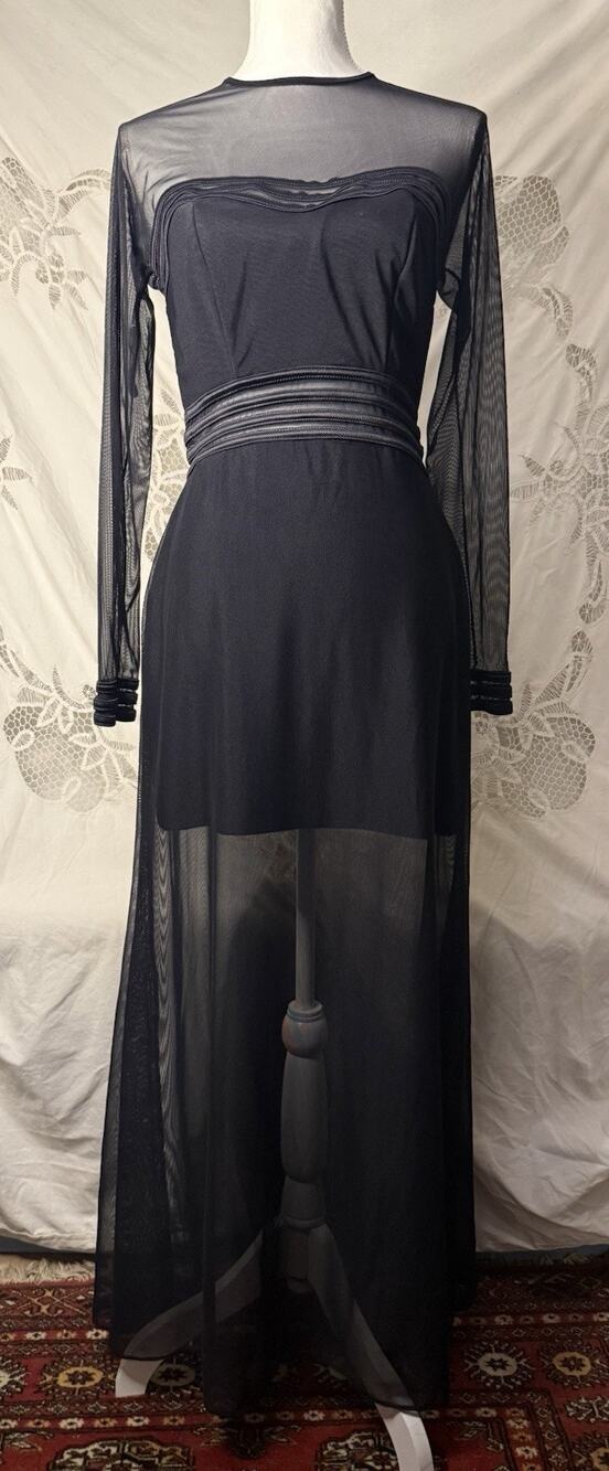 Vintage 90s Cache Black Sheer Mesh Maxi Dress Witchy Goth Evening Gown Size 8
